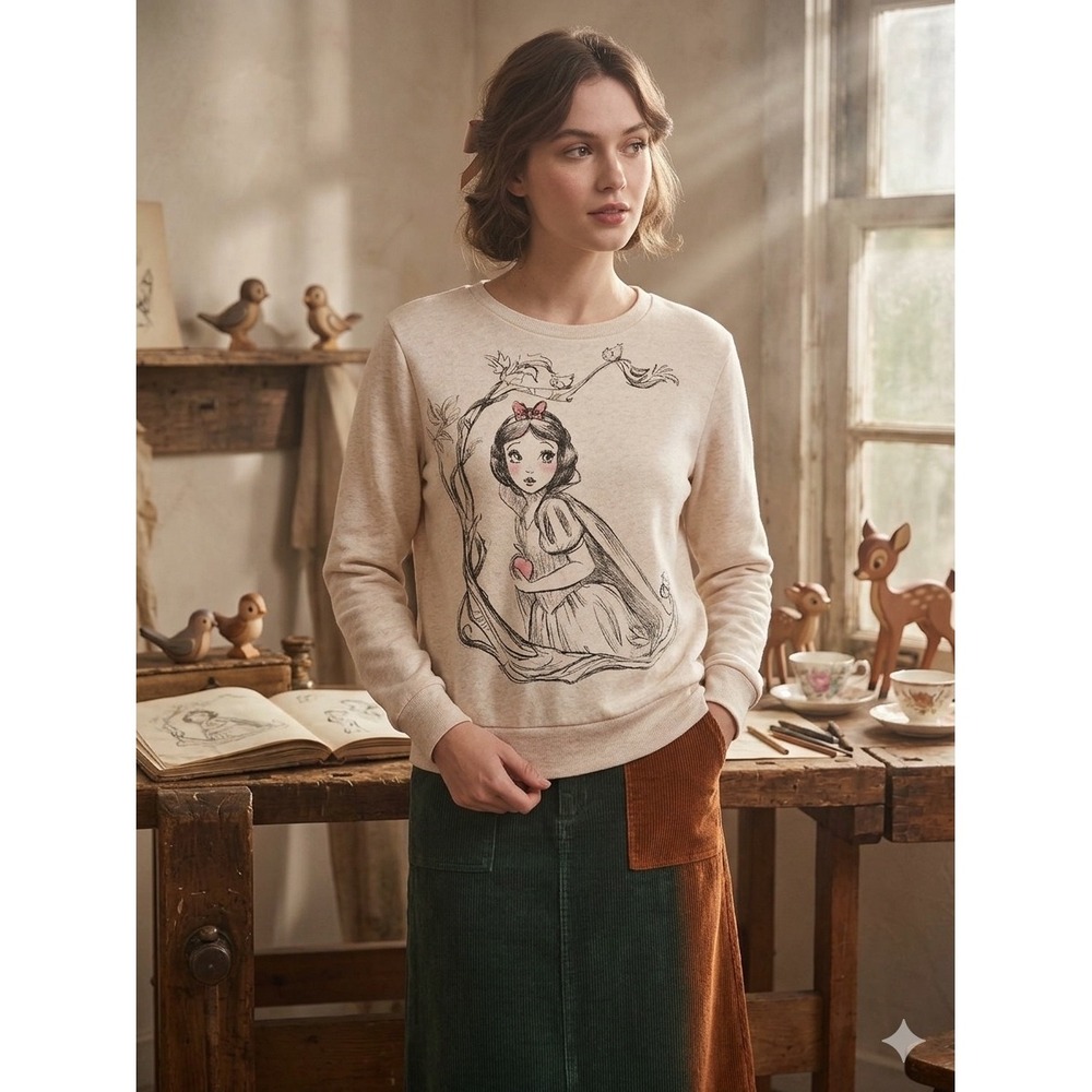 Disney Art of Snow White Princess Cream Cotton Sketch Graphic Pullover M